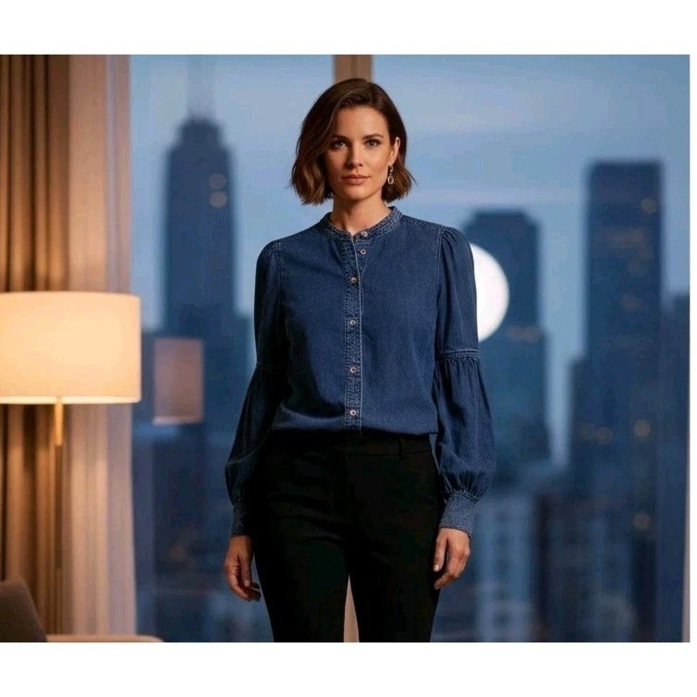 White House Black Market Denim Shirt Women's Medium Lyocell Blend Puff Sleeve